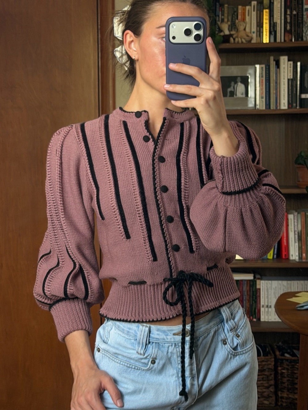 Vintage Wool Dusty Rose Knit Button-Up Sweater with Black Trim - Picture 2 of 5